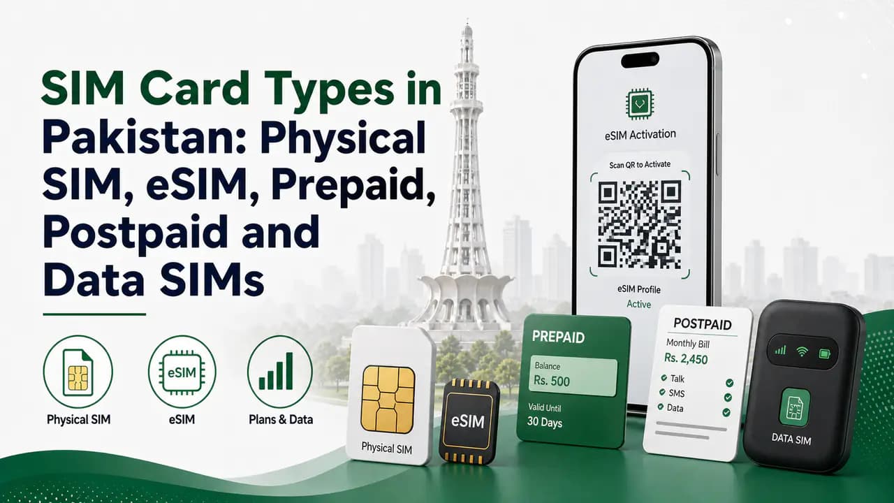 Different mobile SIM card formats including physical SIM and eSIM used in Pakistan