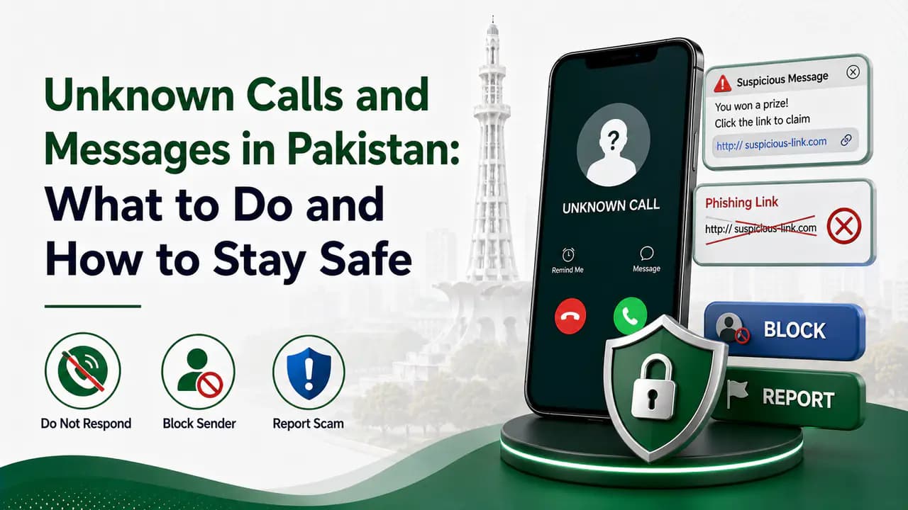 Person reviewing a suspicious unknown call and SMS message on a mobile phone in Pakistan