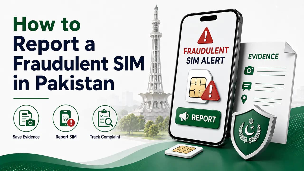 Person reviewing SIM registration records to report a fraudulent mobile connection in Pakistan
